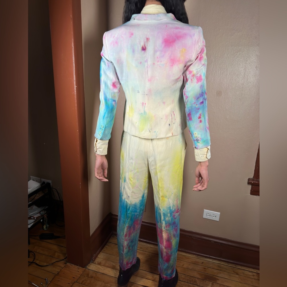 Party Dyed Suit Vintage Painted Blazer Rainbow Boho Jacket Funky Y2K Pants Chic - Picture 13 of 16